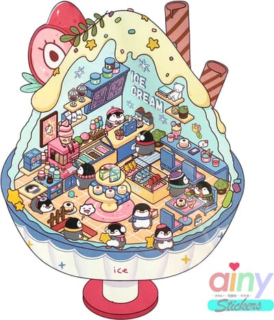 Ainy - Scene 3D Sticker IJssalon | 1 Achtergrond 12*13cm met PET Stickers set | Pinguin & Vrienden miniatuur stickerboek | Creatief & Rustgevend vakantieboek | Stickervellen voor volwassenen en kinderen