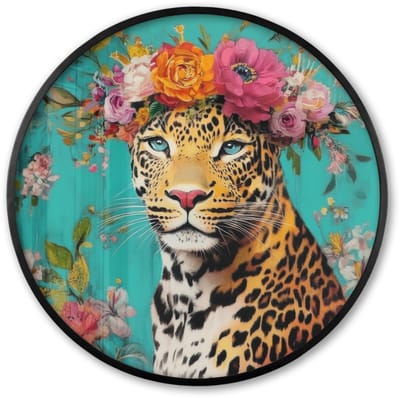 Poster in lijst Rond - Fotolijst 60x60 cm - Posters - Luipaard - Bloemen - Kroon - Ronde posterlijst zwart - Decoratie - Wanddecoratie woonkamer - Muurdecoratie slaapkamer