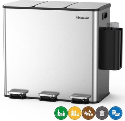 Keukenafvalemmer 60 liter - Roestvrijstalen afval- en recyclebin-combo met soft-close deksel, dubbele compartimenten en 3 x 20 liter capaciteit.