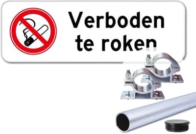 Bord Verboden te roken - Weerbestendig Aluminium - 40x15 cm - Bevestiging: Met paal 120 cm + paalbeugels + paaldop