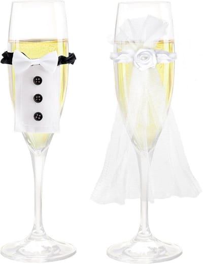 Bruidspaar Glasdecoratie - Champagne Glas Sets - Bruiloft Versiering - Handgemaakt Uniek Design - 18 en 6 cm - Wit