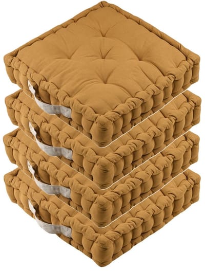 Stof Textile Vloerkussen DUO - 4x - mosterdgeel - katoen - 45 x 45 x 10 cm - vierkant - Extra dik - extra zitplaatsen - spelen - gamen - relaxen