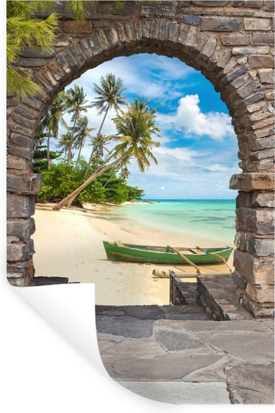 Muurstickers - Sticker Folie - Strand - Palm - Doorkijk - Zee - Kano - 20x30 cm - Plakfolie - Muurstickers Kinderkamer - Zelfklevend Behang - Zelfklevend behangpapier - Stickerfolie