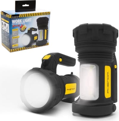 PHENOM - Zaklamp Verstraler - Grote Zaklantaarn - Dubbele LED lampen - 2 in 1 Werkplaats Zaklamp - Inclusief Batterijen - Ideaal voor in Noodpakket
