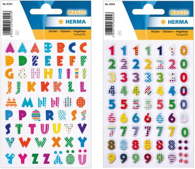 Herma stickervellen letters en cijfers - 2x vellen - gekleurd 3D effecct - 8 mm - watervast