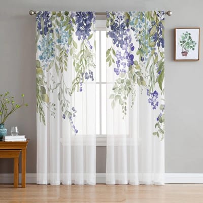 Bloem aquarel bladknop gordijnen voor woonkamer slaapkamer keuken chiffon pure raambehandeling 135W x 114H(cm)