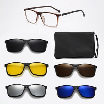 Lunettes de soleil carrées KAMMPT Lot de 6 avec clips magnétiques pour hommes et femmes Mode Conduite Vision nocturne as picture shows