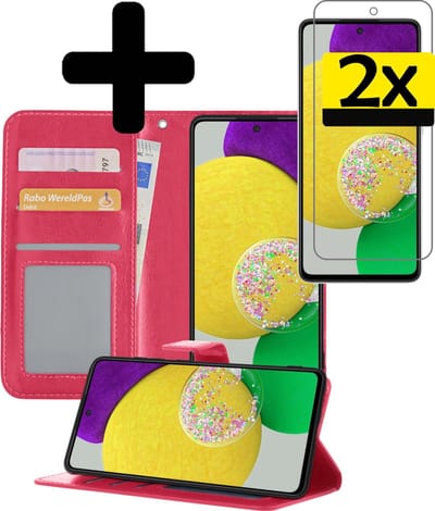 Hoesje - Met 2x Screenprotector - Geschikt voor Samsung Galaxy A52s 5G - Luxe Pasjeshouder - Bookcase Portemonee - Flip Case - Kunstleer Book Case - Flipcase Hoes - Book Cover - Walletcase - Portemonneehoes - Telefoonhoesjes - Donkerroze