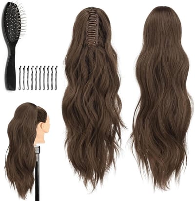 Natuurlijke Wavy Curly Ponytail Extension van 60 cm - Lichtbruin Haarstuk voor Volumineuze en Fluffy Look met Kam en Klemmen