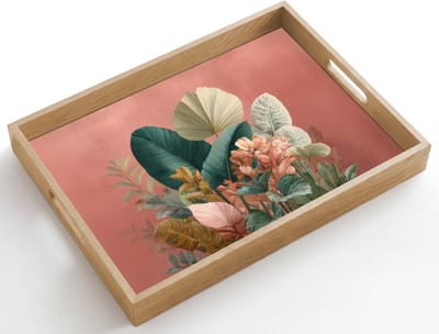 Dienblad hout 50x35 cm - Schootdienblad - Tropische bladeren - Bloemen - Roze - groen - Borrelplank rechthoek - Plateau dienbladen