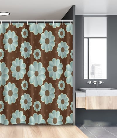 New Bed, Bruin en Blauw Retro Flora, Douchegordijn Badkamer Decor Set met Haakjes, 120 cm B 180 cm L
