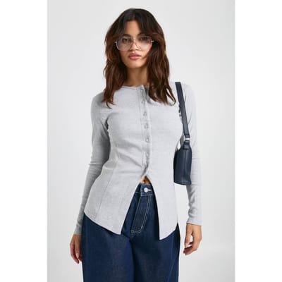 boohoo Dames Geribbelde Longline Popper Voorzijde Top | Grijze Mergel | Maat: 34