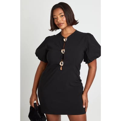 boohoo Dames Plus Gouden Afwerkingsdetail Pofmouw Shiftjurk | Zwart | Maat: 44