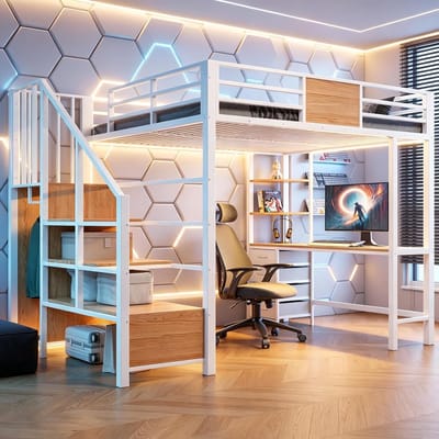 Hoogslaper 140x200 - Hoogslaper met opbergruimte - Tienerhoogslaper, Metalen Hoogslaper (140x200 cm) met Bureau, Opbergvakken, Kledingstang, Ledverlichting en Stopcontact, Deze Multifunctionele Hoogslaper-Wit