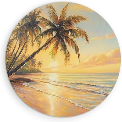 Saammp Muurcirkel Hout - Strand met Palmbomen - Zee - Abstract - Ø 90 - Wandcirkel - Wanddecoratie Cirkel - muurdecoratie Woonkamer - Slaapkamer decoratie - Rond Schilderij