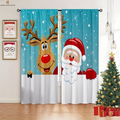 Kerstdecoratie Gordijnen Houten Eland Sneeuwpop Print Gordijnen Kinderkamer Restaurant Vakantiefeest Decoratie Gordijnen 2 Stuks W50xH130(CM)x2PCS&Rod pocket brown