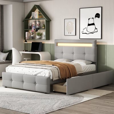REDOM Ledikant 90x200 cm – Grijs fluweel – Met LED-verlichting & 2 lades – Klassiek ontwerp