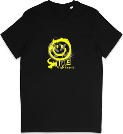 T Shirt Heren Dames - Lach en Ben Gelukkig - Happy Smiley - Zwart - Maat XS