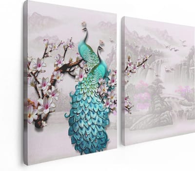 Artaza Canvas Schilderij Tweeluik Twee Blauwe Pauwen - Abstract - 120x80 - Foto Op Canvas - Canvas Print