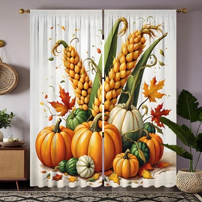 2 pièces HD Festival de la Récolte d'Automne Blé citrouille Feuille d'érable rouge rideau décoratif Jaune lien rideau imprimé numérique Décoration d'intérieur W52H63inchW132H160cm orange