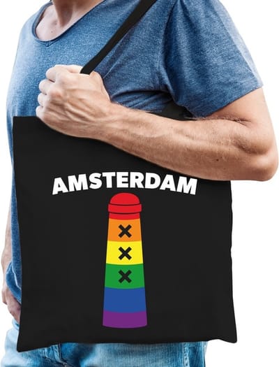 Gaypride Amsterdammertje regenboog katoenen tas zwart - lhbt accessoire