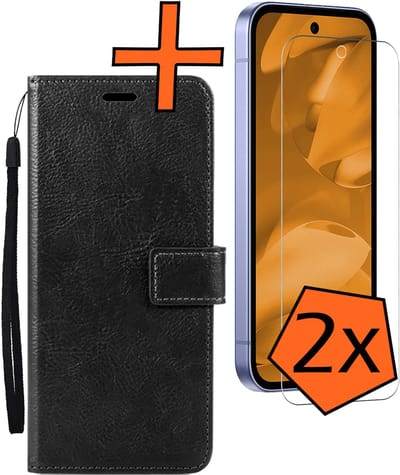Hoes - Met 2x Screenprotector - Geschikt voor Google Pixel 9a - Luxe Pasjeshouder - Bookcase Portemonee - Flip Case - Kunstleer Book Case - Flipcase Hoes - Book Cover - Walletcase - PortemonneeHoes - Zwart