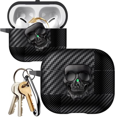 Coole 3D Metalen Rotatable Skull Lock Hoes voor AirPods Pro 3 - Schokbestendige Carbon Fiber Bescherming met Sleutelhanger, Perfect Cadeau voor Mannen en Vrouwen