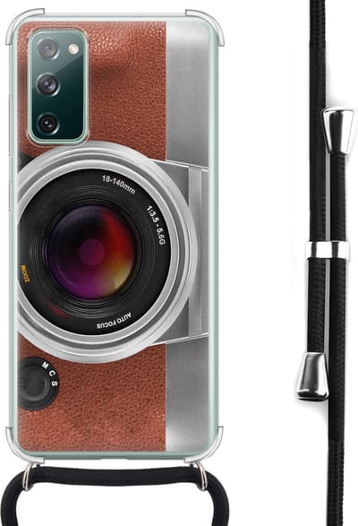 Hoesje met koord - Geschikt voor Samsung Galaxy S20 FE - Vintage camera - Verstelbaar zwart koord - Crossbody - Print / Illustratie - Bruin, Transparant - Leuke Telefoonhoesjes
