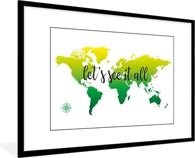 Poster in lijst - Fotolijst 120x80 cm - Posters - Wereldkaart - Groen - Kompas - Posterlijst zwart - Decoratie - Wanddecoratie woonkamer - Muurdecoratie slaapkamer