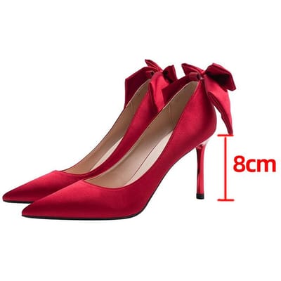 Elegante Satijnen Strik Hoge Hakken Pumps voor Vrouwen Sexy Puntige Neus Stiletto Hak Rood Bruids Bruiloft Schoenen Vrouw Witte Pumps 38 brown