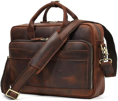 KZQ Zakelijke Laptop Brieftas Voor Heren Van Echt Leer - Retro Design Geschikt Voor 15 Inch Laptop - Handtas Voor Woon Werkverkeer - Roodbruin
