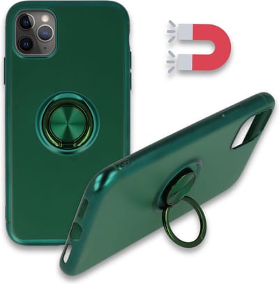 HB Hoesje Geschikt voor Apple iPhone 12 Pro Max - Groen - Siliconen Back Cover met Ring Kickstand - Geschikt voor Magneet Houders