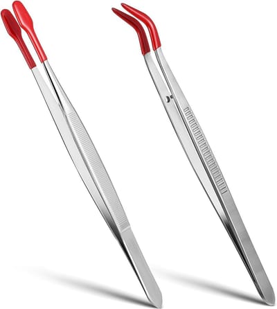 2-delige pincet set - platte punt, lange pincet voor postzegels en sieraden - met rubberen tips.