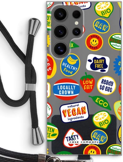 Case Company® - Hoesje met koord geschikt voor Samsung Galaxy S24 Ultra hoesje met Koord - Fruitsticker - Telefoonhoesje met Zwart Koord - Bescherming aan alle Kanten en Over de Schermrand
