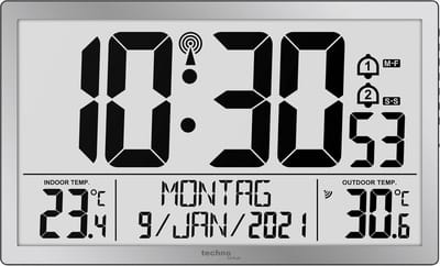 Technoline WS 8113 - Wandklok - Digitaal - Rechthoek - Radiogestuurde tijdsaanduiding en Handmatig - 12/24 - Datumaanduiding - 7 talen - Binnen- en buitentemperatuur - 2 alarms - Snooze - Kunststof - Cijfers - Zilverkleurig