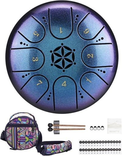 tongdrum - 8 Noten - C-Majeur - 13 cm (5 Inch) - Titaniumstaal - Steel Tongue Drum - Handpan Tank Drum - Inclusief Draagtas