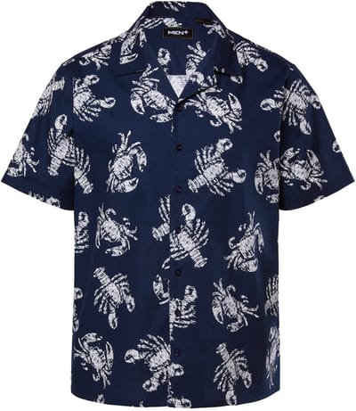 Men Plus - Heren - Overhemd korte mouw all-over print Cubaanse kraag - Navy blauw - Maat L