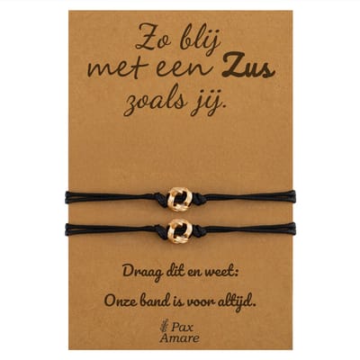 Vriendschapsarmbandjes voor 2 "Zo blij met een zus zoals jij" - Knoopjes - Sisters Armbandjes met Cadeau Kaartje - Goudkleurig - Elastisch Verstelbaar - Pax Amare