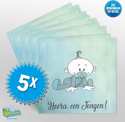 5x Muziekwenskaart - Hoera een jongen – zelf opneembaar – 60 seconden – 21x21cm – hoge kwaliteit – inclusief envelop