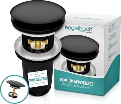 Afvoer Zonder Overloop - Wastafelkraan - Keuken en Badkamer - Inclusief 4 Afdichtingen - 10.3 x 7.7 cm - Mat Zwart