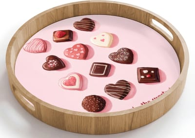 Dienblad rond 40x40 cm - Schootdienblad hout - Chocolaatjes - Hartvormig - Liefste - Borrelplank rechthoek - Plateau houten dienbladen