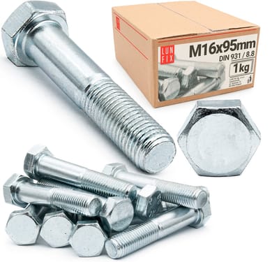 LUN FIX - Zeskantschroeven M16 x 95 - 1 kg (ca. 6 stuks) - DIN 931 Volledige schroefdraad - verzinkt staal