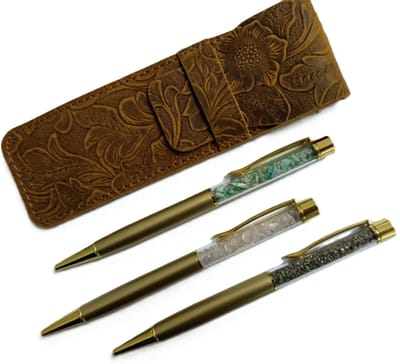 Pennenset en leren etui - Edelsteen Pennen - Leuk Kado - Schrijfwarenset - 3 pennen met etui