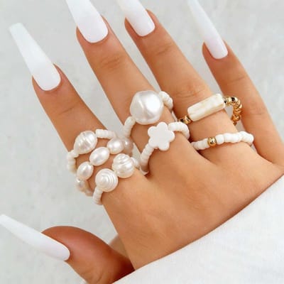 Ensemble de Bagues Perles Imitation Style Ethnique Pour Femmes Bague Élastique Pierre Bleue Rétro Croix Bijoux Personnalité Cadeau brown