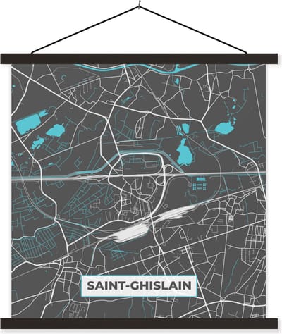 Posterhanger incl. Poster 60x60 cm - Schoolplaat - Kaart – Plattegrond – Stadskaart – Saint Ghislain – België - Grijs - Textielposter - Zwarte latten - Stadskaart