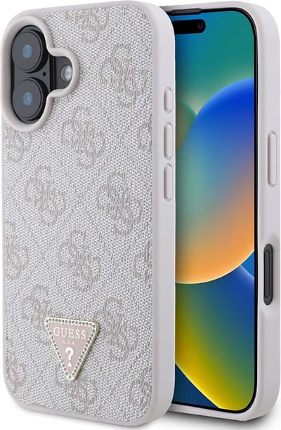 GUESS, Geschikt voor Apple iPhone 16 4G Edition Strass Triangle metallic hoesje, Wit / Champagne