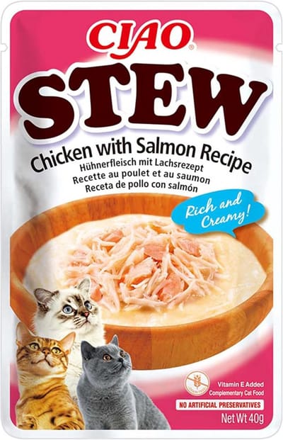 Cat Stew Kip of Zalm - Rijke en Romige Delicatesse zonder Granen - Lage Calorieën Snack (40g)