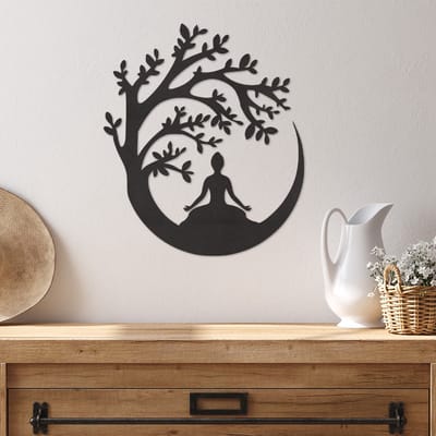 Wanddecoratie Yoga Maan - Wanddecoratie Budha - Wanddecoratie Mediteren - Muurdecoratie Hout - Wanddecoratie Hout - Muurdecoratie Woonkamer - Wanddecoratie Woonkamer - Wanddecoratie Industrieel - Home Decor - Wall Line Art - 33.5 x 29 cm