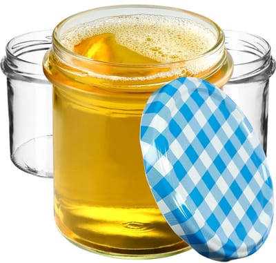 KADAX jampotten, 350 ml, diameter 82 mm, inmaakpotten met schroefdeksel, honingpotten, voorraadpotten voor paddenstoelen, jam, honing (10 stuks, blauw geruit)