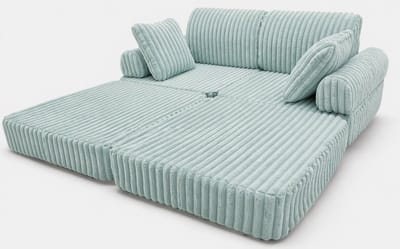 Modulaire Speelbank Turquoise Ribstof – Kinderbank van Zacht Schuim, Uitklapbare Kindersofa, Slaapbank en Matras voor Kinderkamer